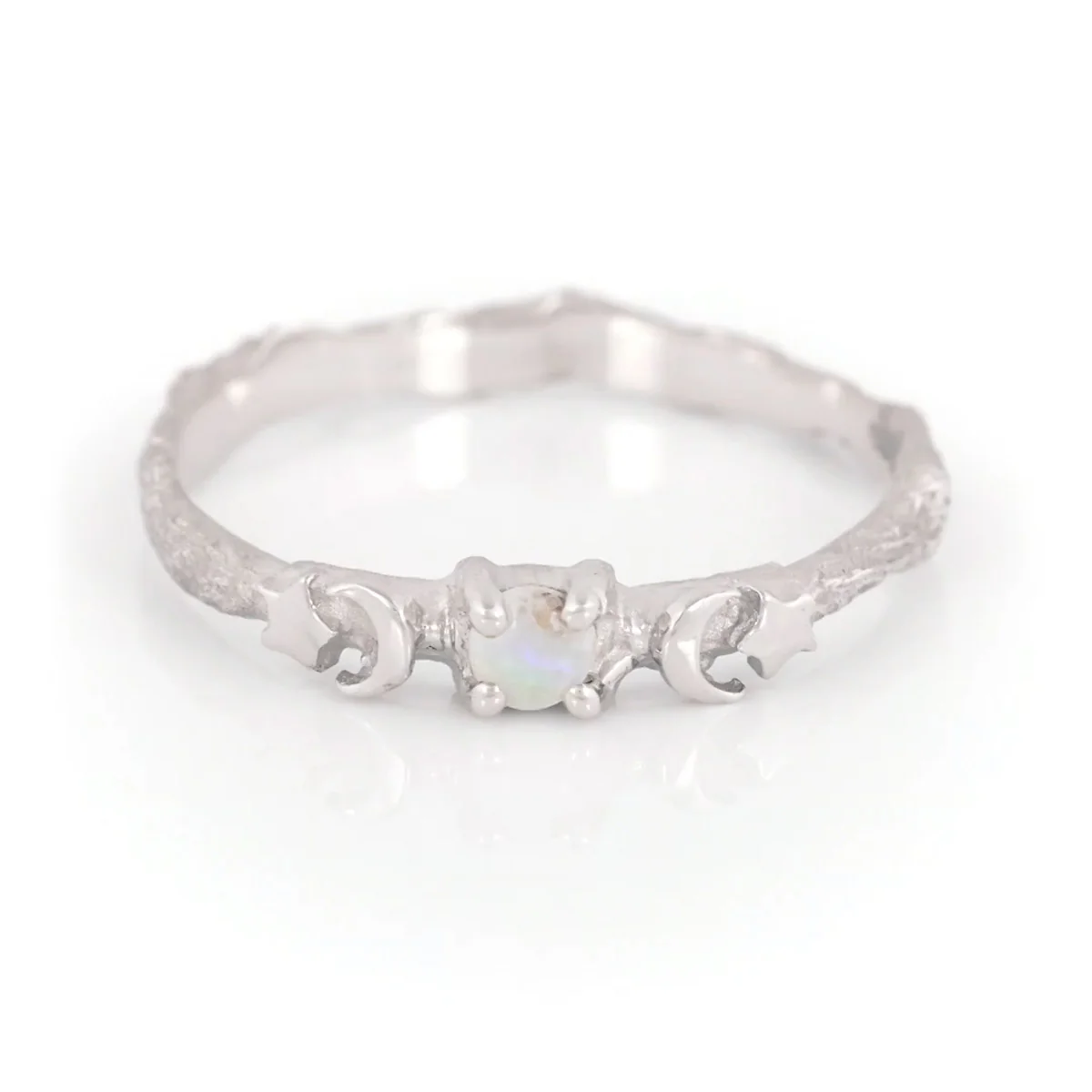 Sun, Moon & Stars Opal Ring - 14k White Gold - Image 4